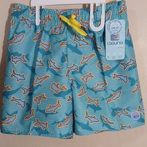 Kids Shark Print Swim Shorts - Blue and Yellow